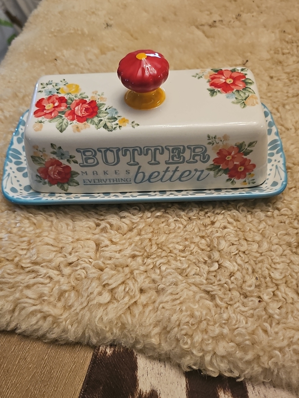 The Pioneer Woman Floral Butter Dish in White, Red, Yellow, Blue